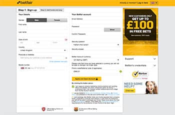 betfair registration page